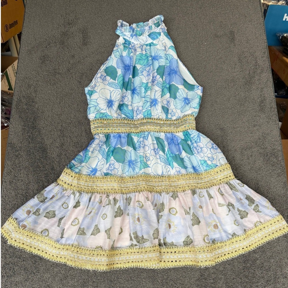 INA Blue Floral Halter Mini Dress Gold Lace Trim Tiered Ruffle Size Medium 3973